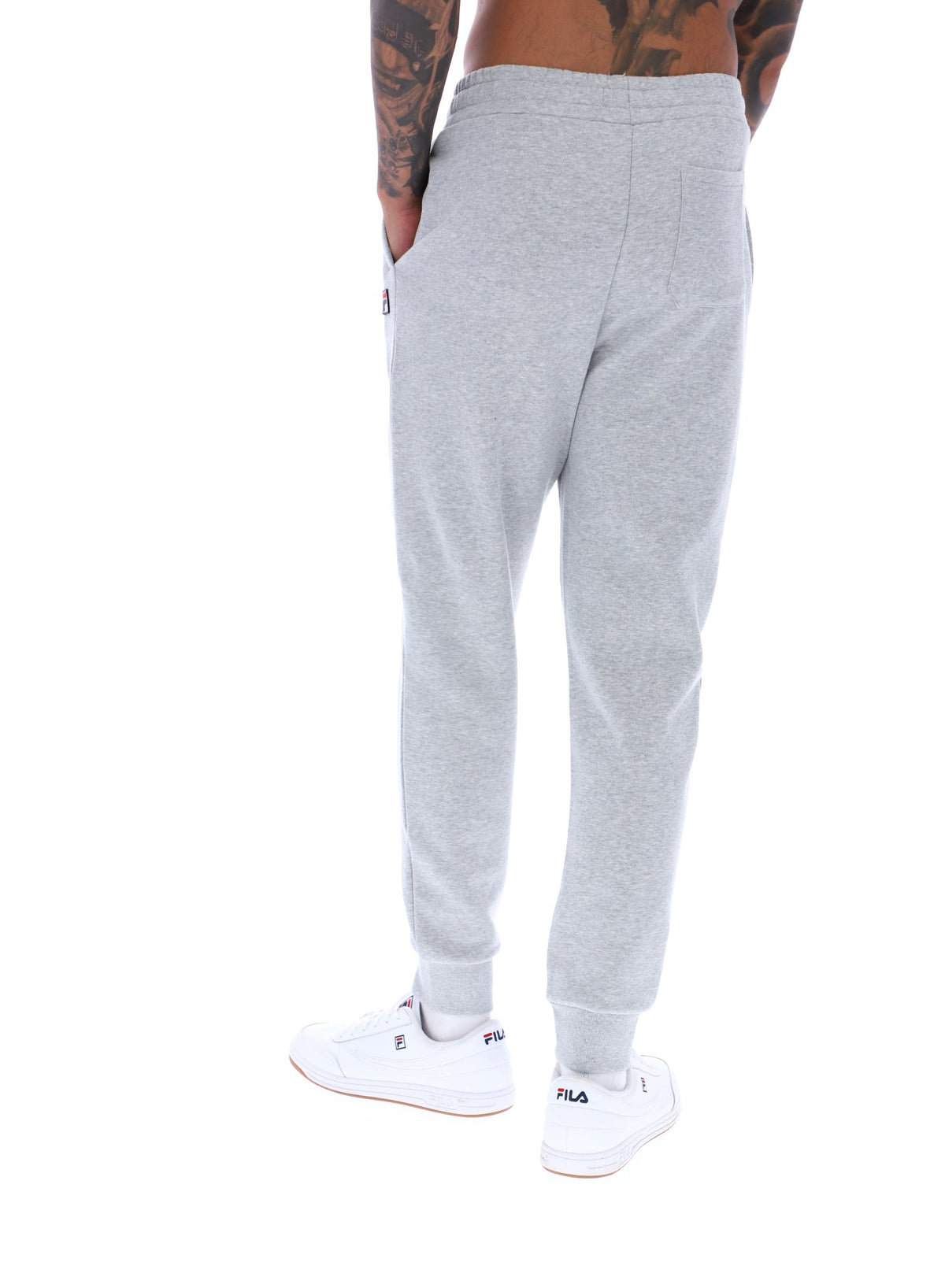 Displays a model wearing the Grey Marl 'FILA' branded Visconti Tipped Cuff Track Pant