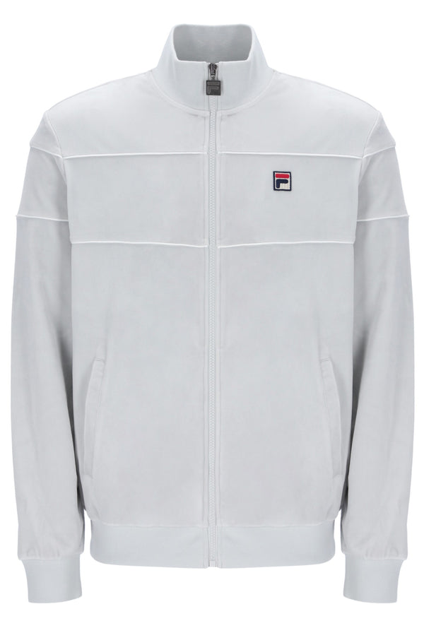 Displays the Dawn Blue 'FILA' branded Vittorio Velour Track Top
