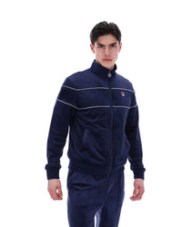 Displays a model wearing the Navy 'Fila' branded Vittorio Velour Track Top