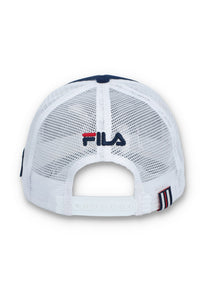 Displays the Navy 'Fila' branded wells Slogan Neoprene Mesh-Back Cap