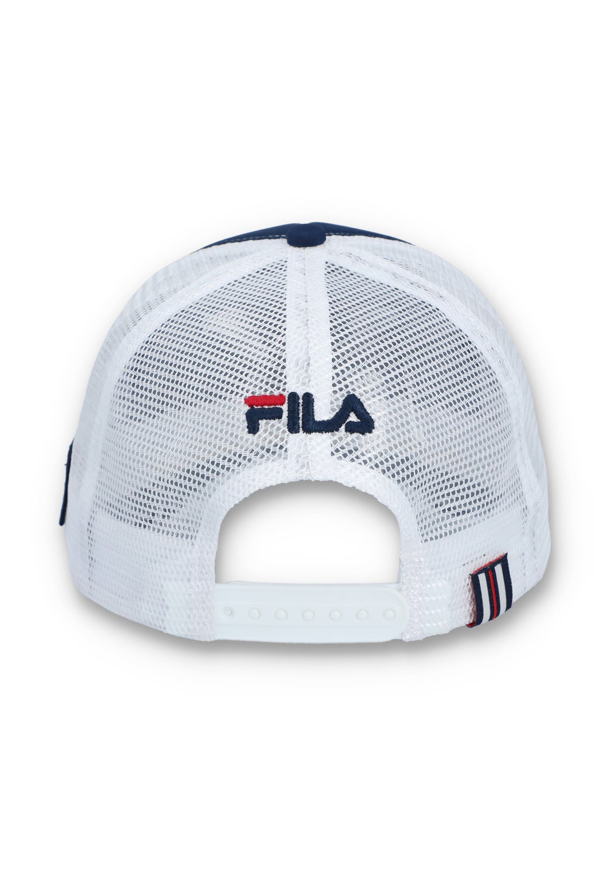 Displays the Navy 'Fila' branded wells Slogan Neoprene Mesh-Back Cap