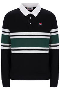 A Fila long-sleeve rugby polo shirt in black, featuring a white collar, white buttons, a green chest stripe, and white and green stripes on the sleeves, with the Fila logo on the left chest.