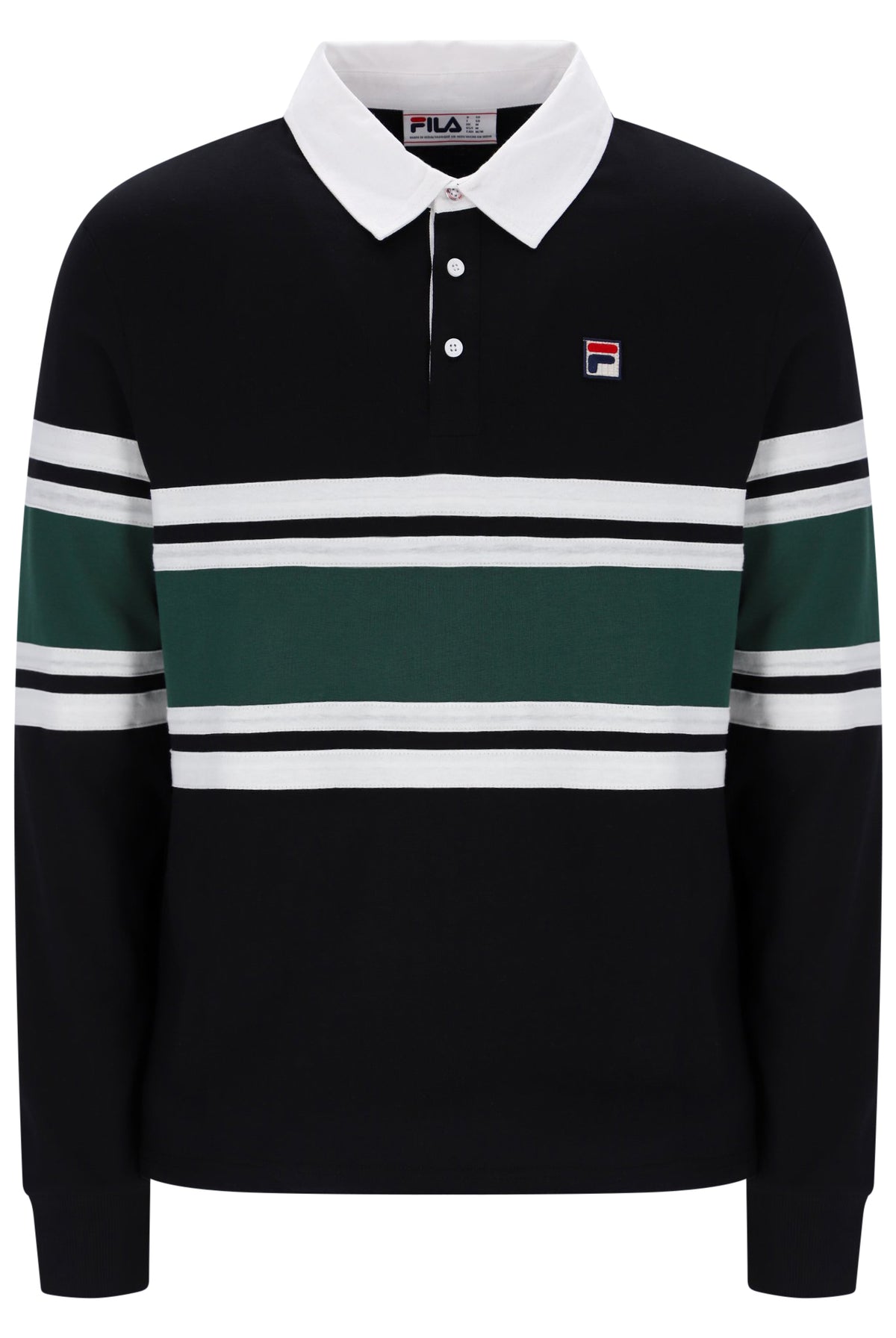 A Fila long-sleeve rugby polo shirt in black, featuring a white collar, white buttons, a green chest stripe, and white and green stripes on the sleeves, with the Fila logo on the left chest.