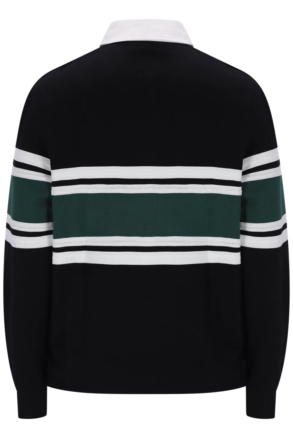 A black long-sleeve knit sweater with horizontal white and dark green stripes across the chest and sleeves, shown from the back on a white background.