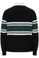 A black long-sleeve knit sweater with horizontal white and dark green stripes across the chest and sleeves, shown from the back on a white background.