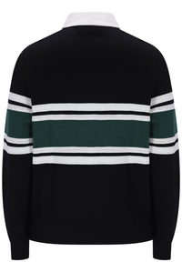 A black long-sleeve knit sweater with horizontal white and dark green stripes across the chest and sleeves, shown from the back on a white background.