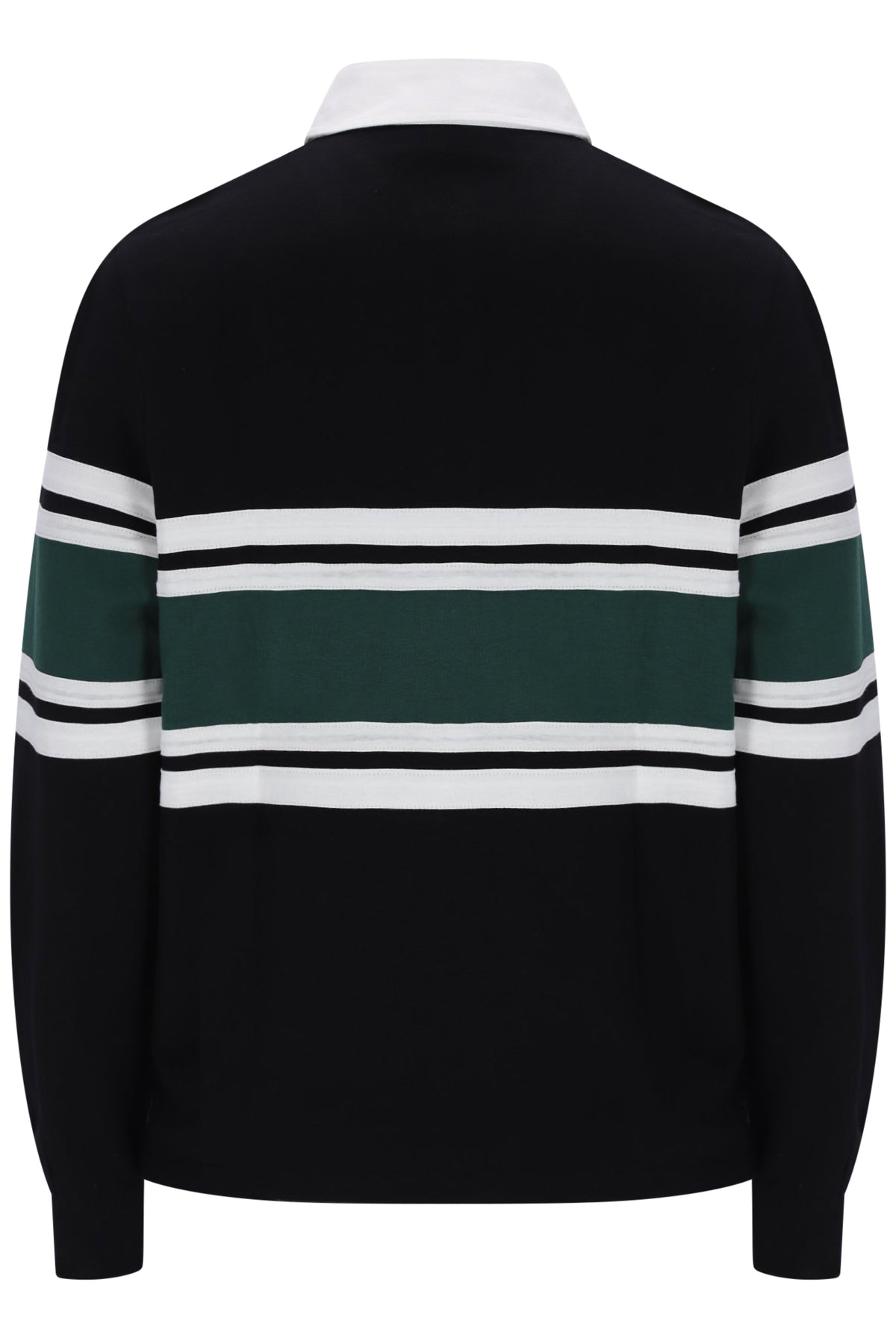A black long-sleeve knit sweater with horizontal white and dark green stripes across the chest and sleeves, shown from the back on a white background.