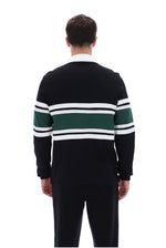 A man viewed from the back wearing a dark navy long-sleeve knit sweater with horizontal green and white stripes across the chest and sleeves, paired with dark trousers, on a plain white background.