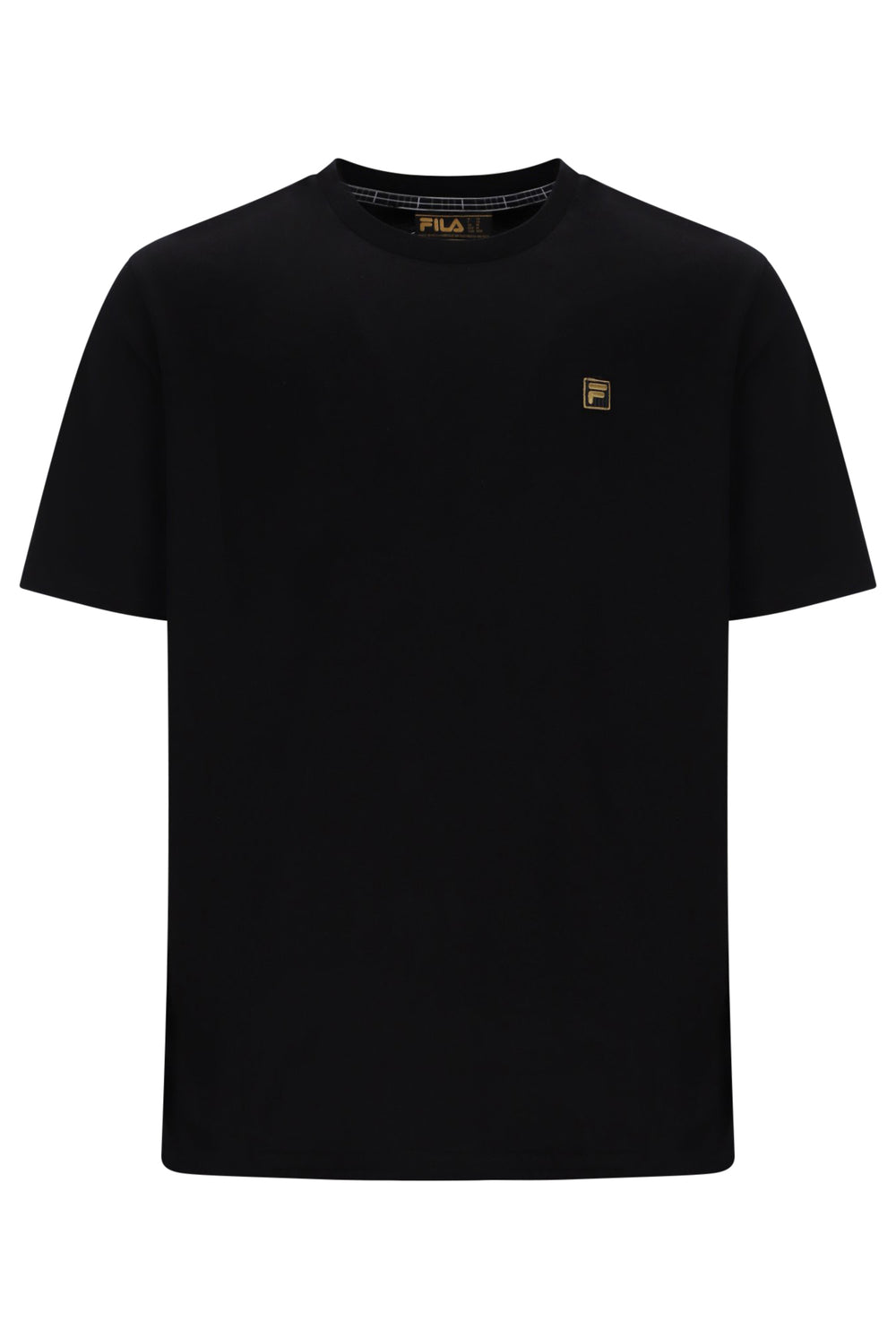 A black short-sleeve crewneck t-shirt with a small gold Fila logo on the left chest, displayed on a clean white background.