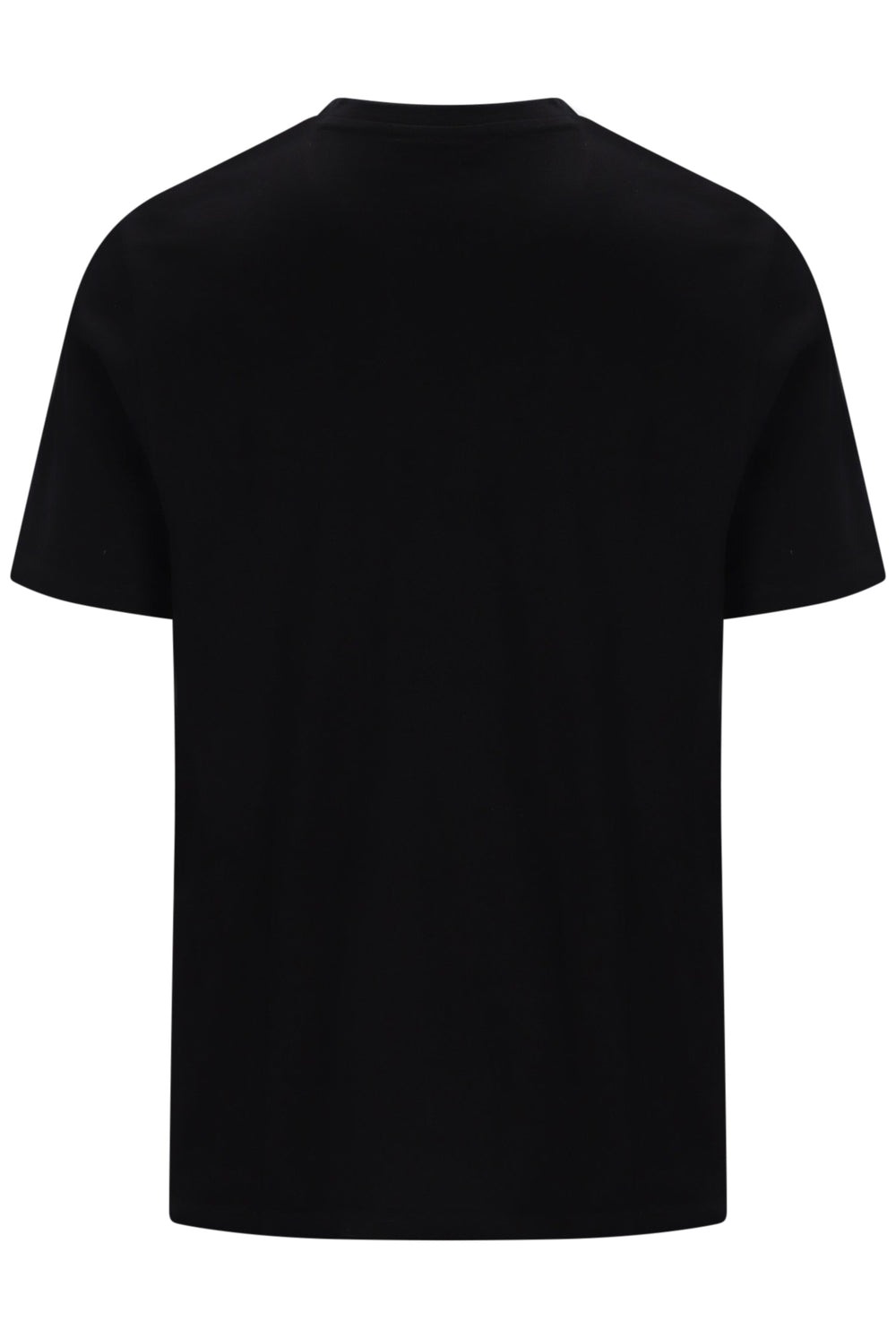 A black short-sleeve crewneck t-shirt shown from the back, photographed against a solid white background.