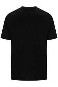 A black short-sleeve crewneck t-shirt shown from the back, photographed against a solid white background.