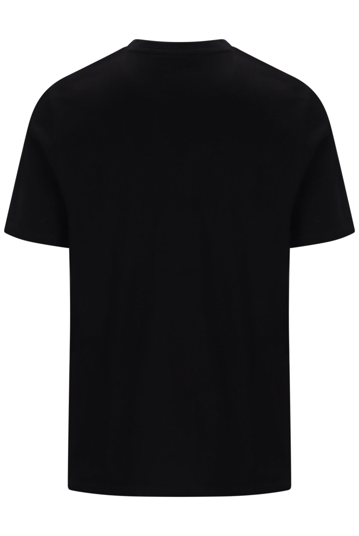 A black short-sleeve crewneck t-shirt shown from the back, photographed against a solid white background.