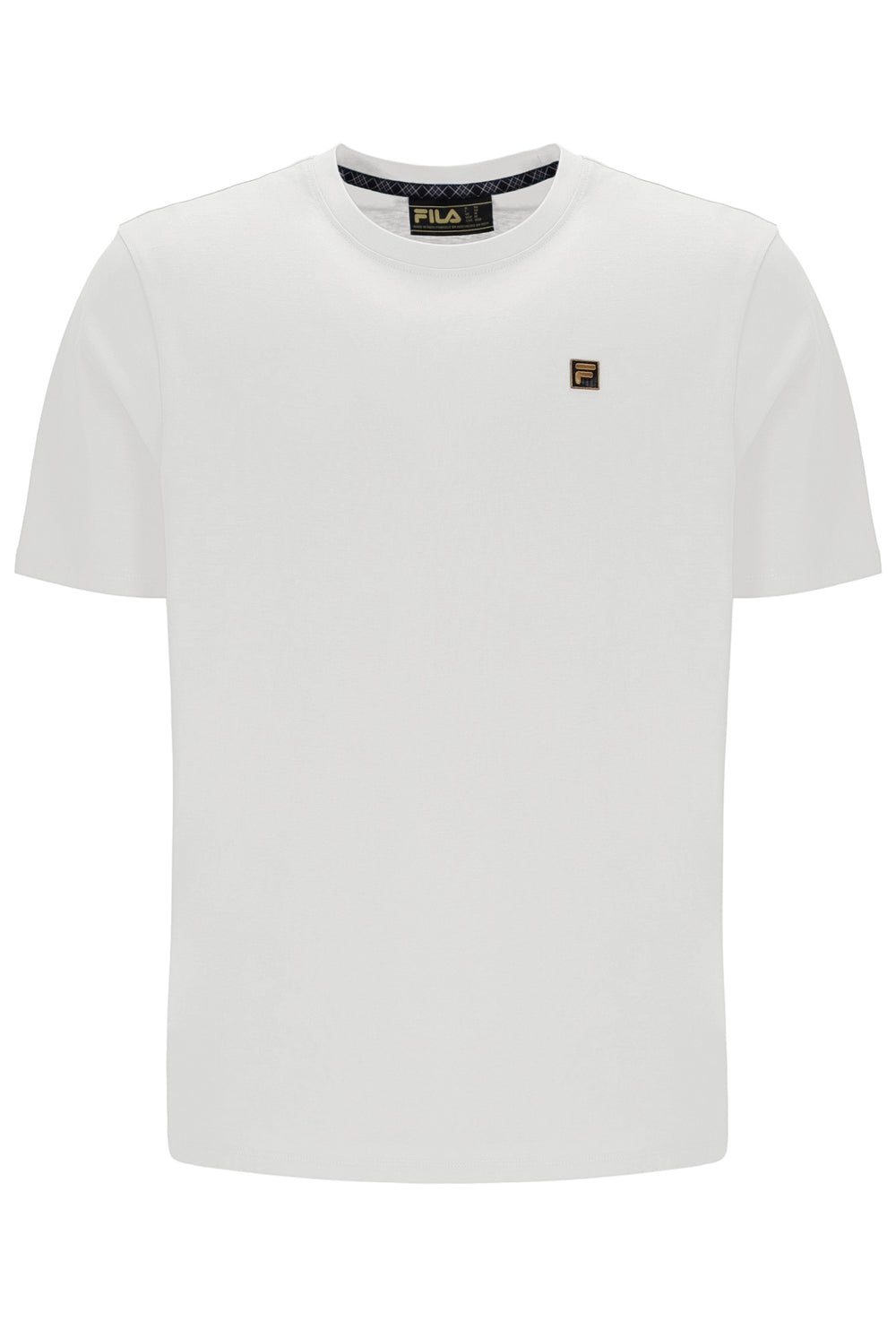 White t-shirt with a small FILA gold logo on a white background