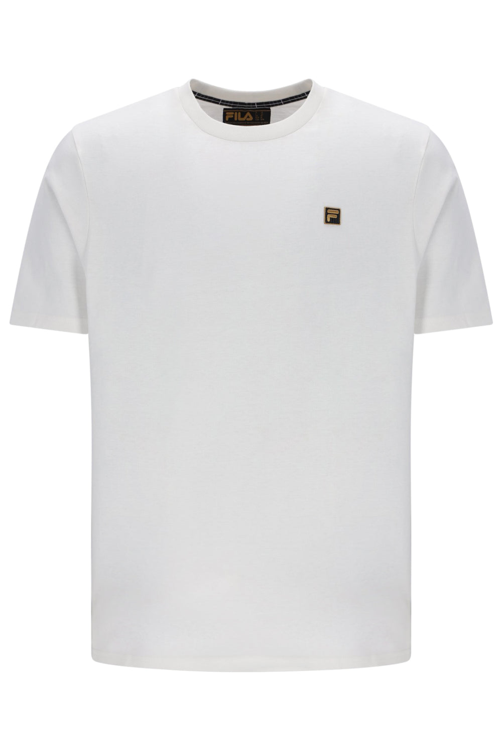 A white short-sleeve crewneck t-shirt by Fila, featuring a small embroidered brand logo on the left chest and a black brand label on the inner collar, displayed on a clean white background.