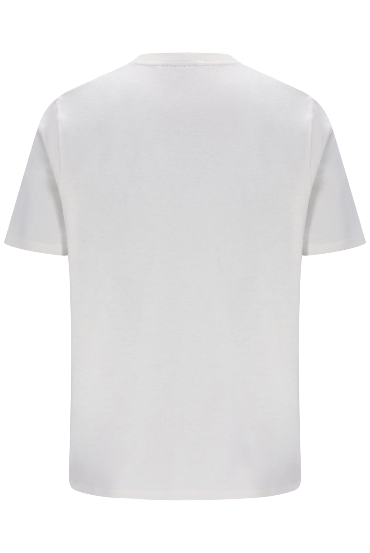 A plain white short-sleeve crewneck t-shirt shown from the back, photographed against a solid white background.