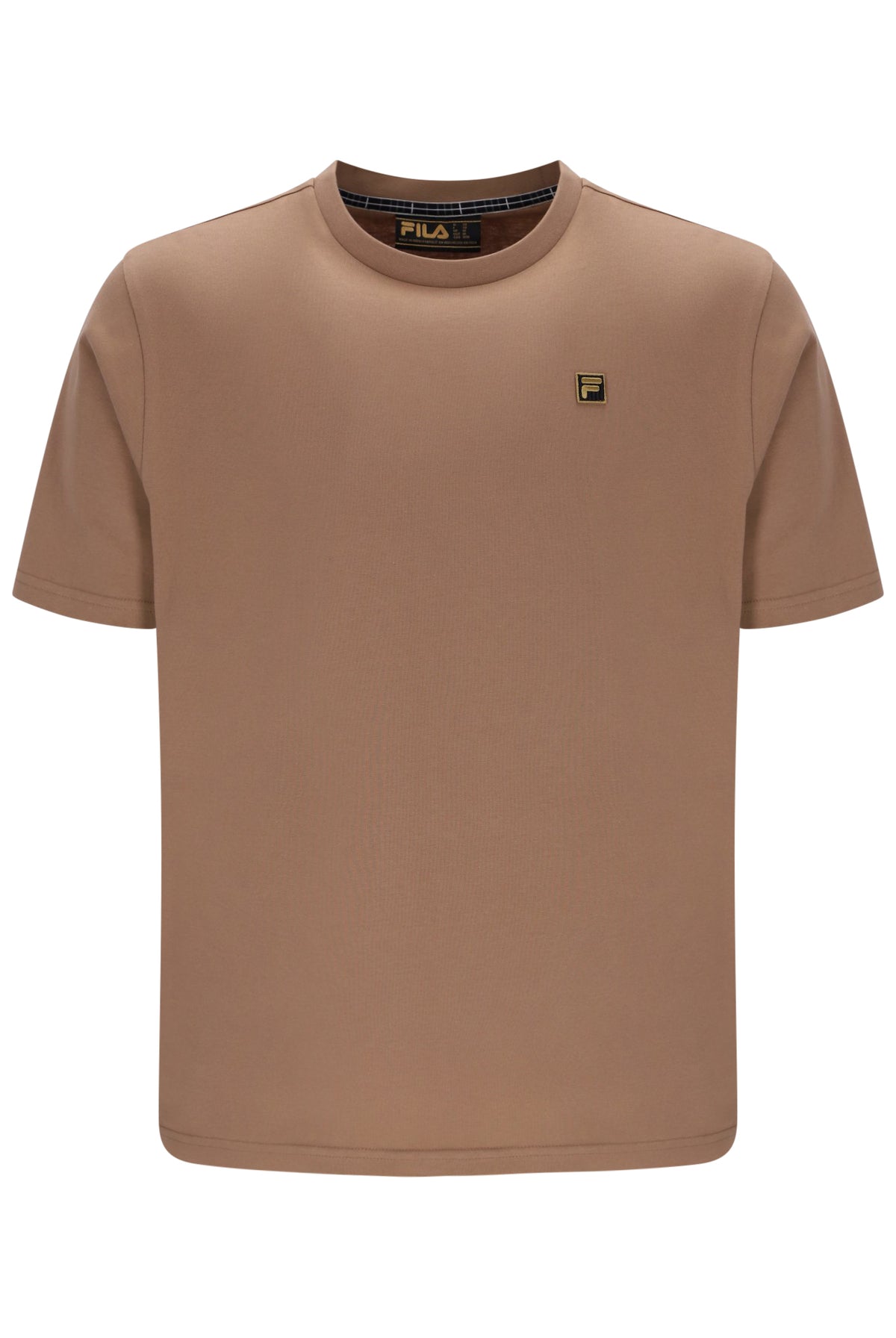A Fila short-sleeve crewneck t-shirt in a warm taupe-brown color, featuring a small embroidered Fila logo on the left chest and a patterned inner collar.