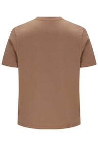 A plain short-sleeve crewneck t-shirt shown from the back, in a solid tan or light brown color, on a clean white background.