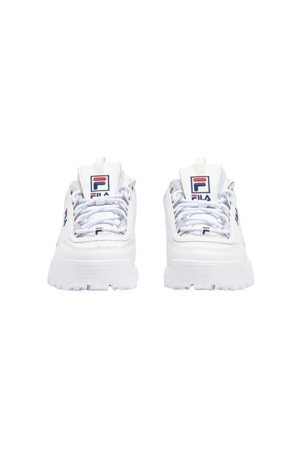 A pair of white Disruptor 2 trainers with embossed logo and unique detailing.