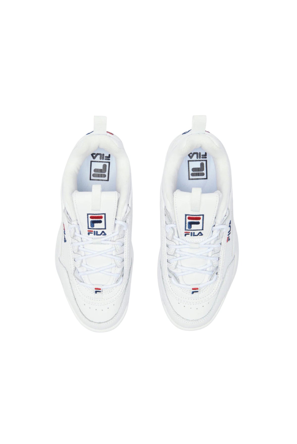 A pair of white Disruptor 2 trainers with embossed logo and unique detailing.