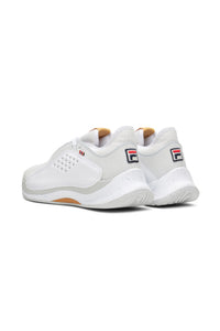 A pair of white FILA Mondo Forza tennis shoes with orange and grey accents on a white background.