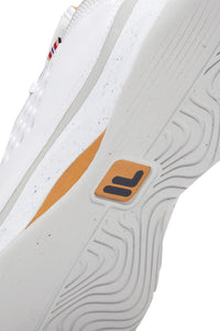 A pair of white FILA Mondo Forza tennis shoes with orange and grey accents on a white background.