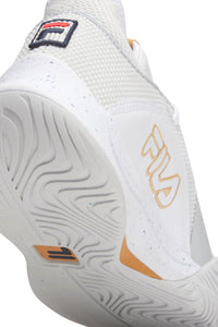 A pair of white FILA Mondo Forza tennis shoes with orange and grey accents on a white background.