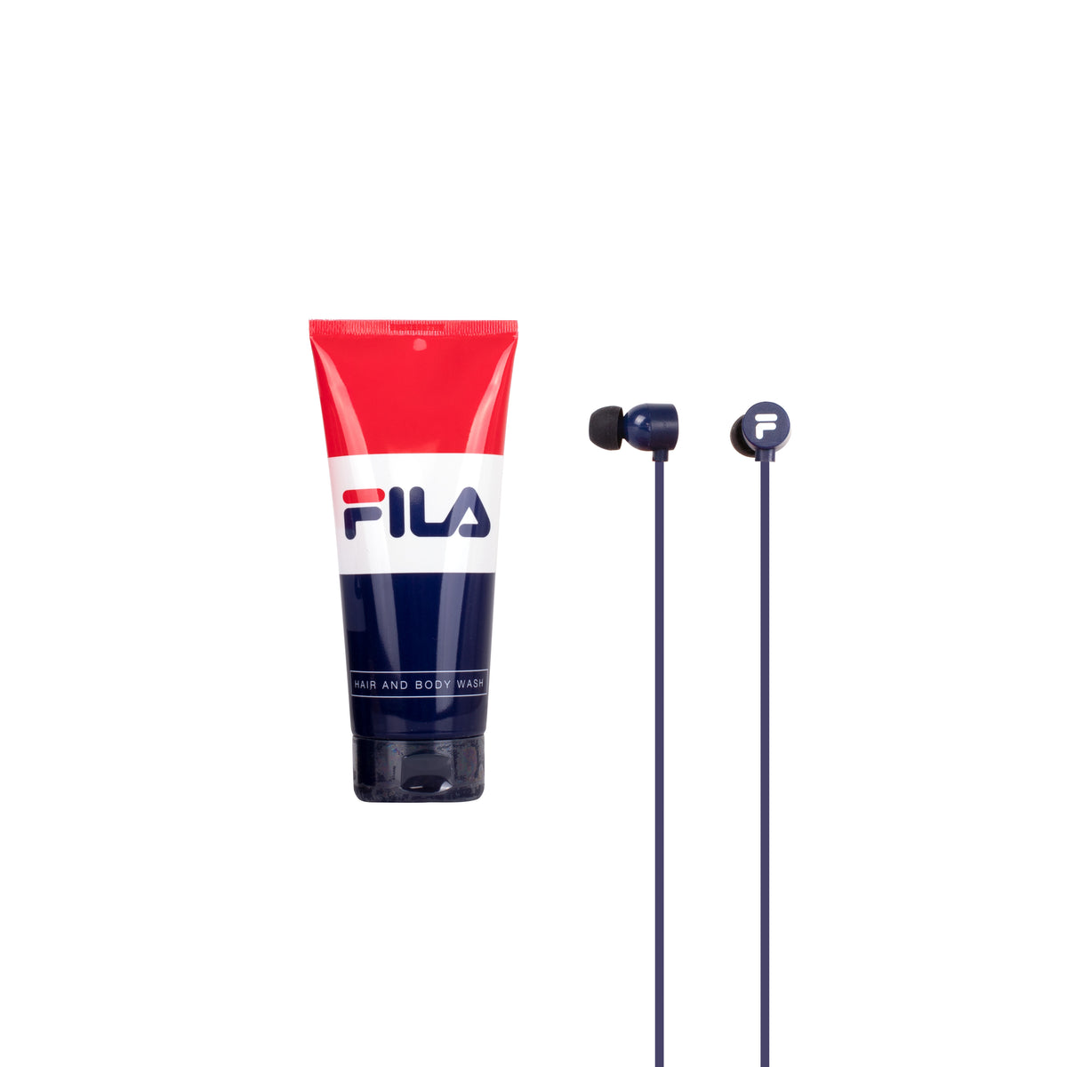A FILA branded ear bud gift set packaging, containing a hair and body wash bottle and earbuds, presented in a Christmas themed box.