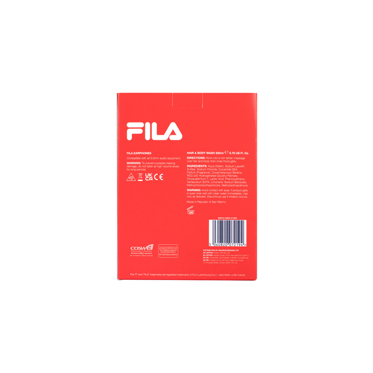 A FILA branded ear bud gift set packaging, containing a hair and body wash bottle and earbuds, presented in a Christmas themed box.