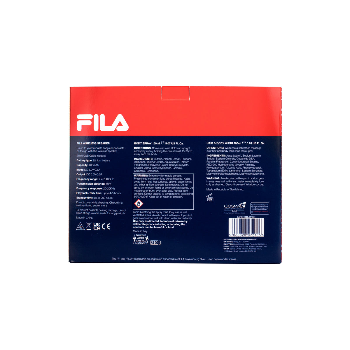 A gift set by FILA including a red and white wireless Bluetooth speaker, a tube of hair & body wash, and a tube of deodorant, all branded with the FILA logo.