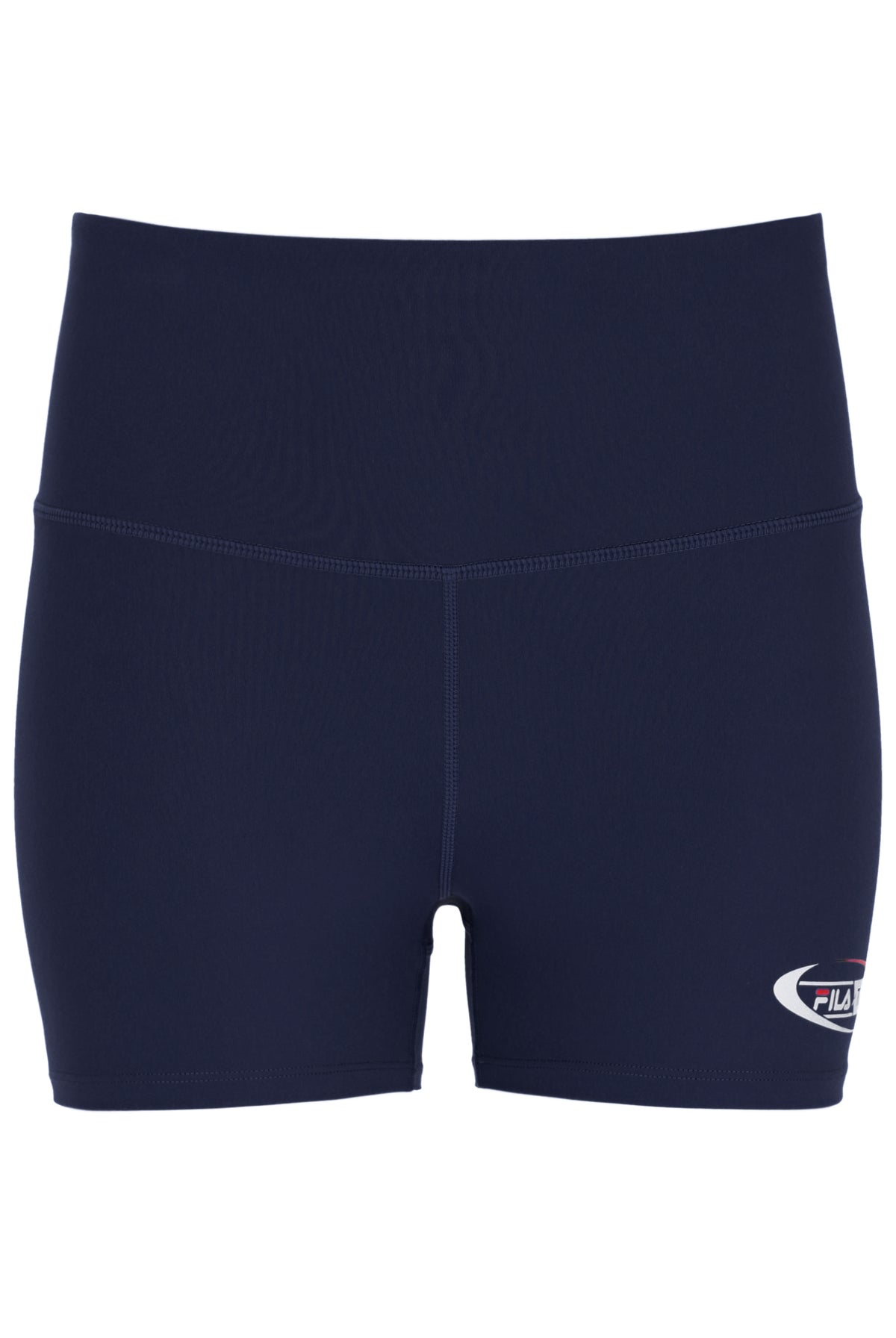 Navy high-waisted cycling shorts with the FILA x TALA logo on the left thigh.