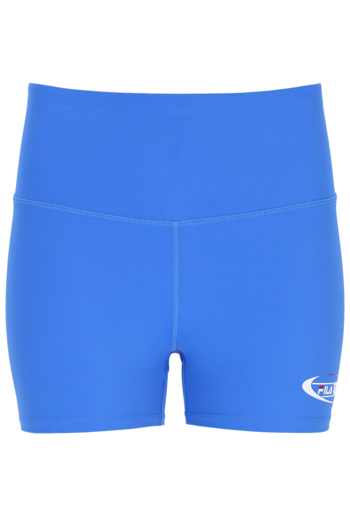 Blue high-waisted cycling shorts with the FILA x TALA brand logo on the front.