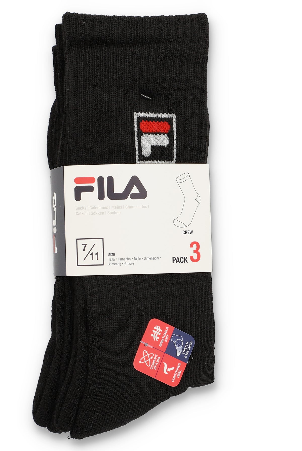 A pack of three black crew socks with the FILA brand tag visible.