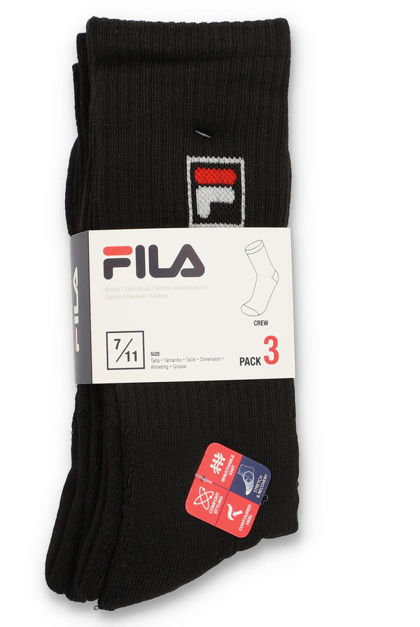 A pack of three black crew socks with the FILA brand tag visible.