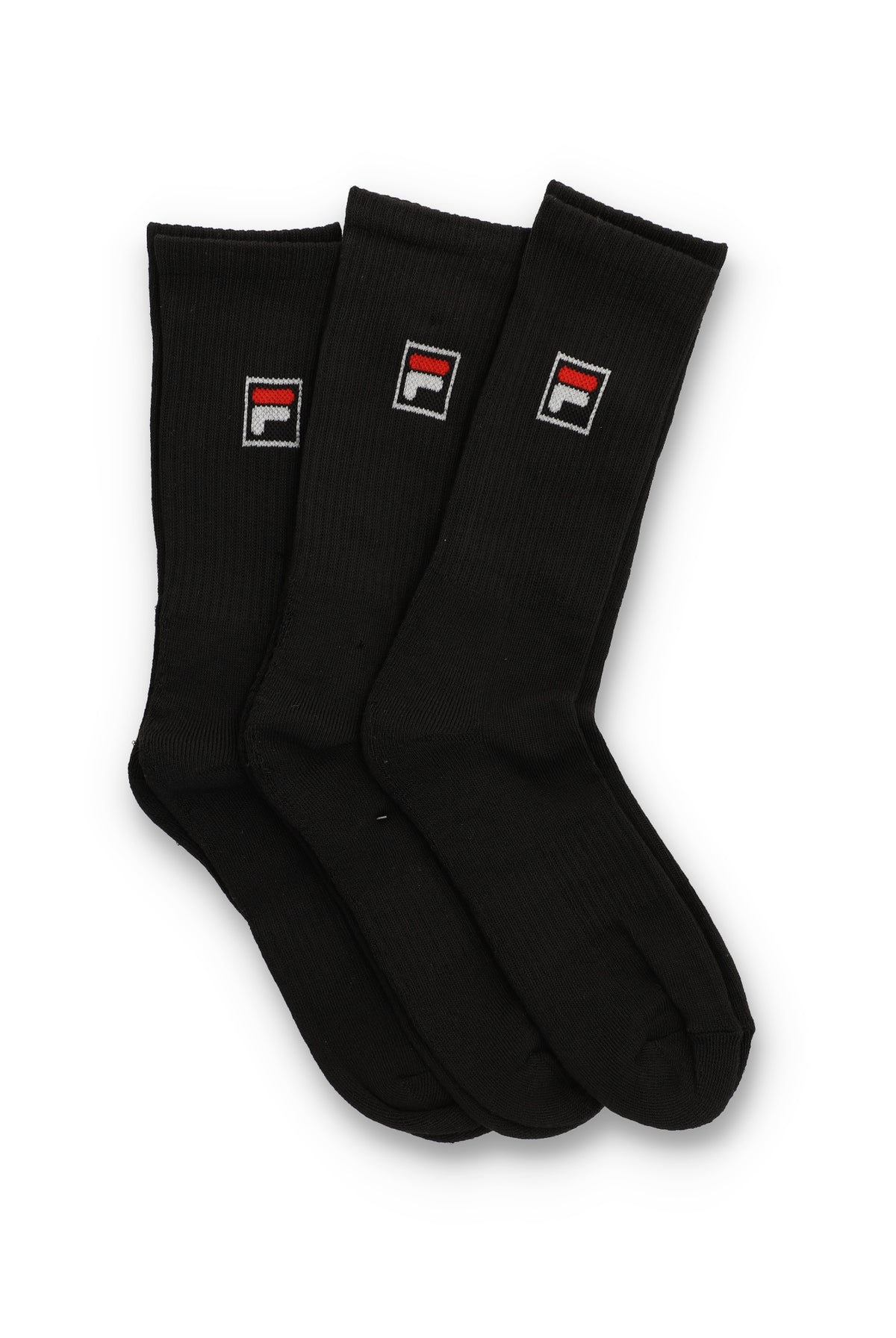 A pack of three black crew socks with the FILA logo