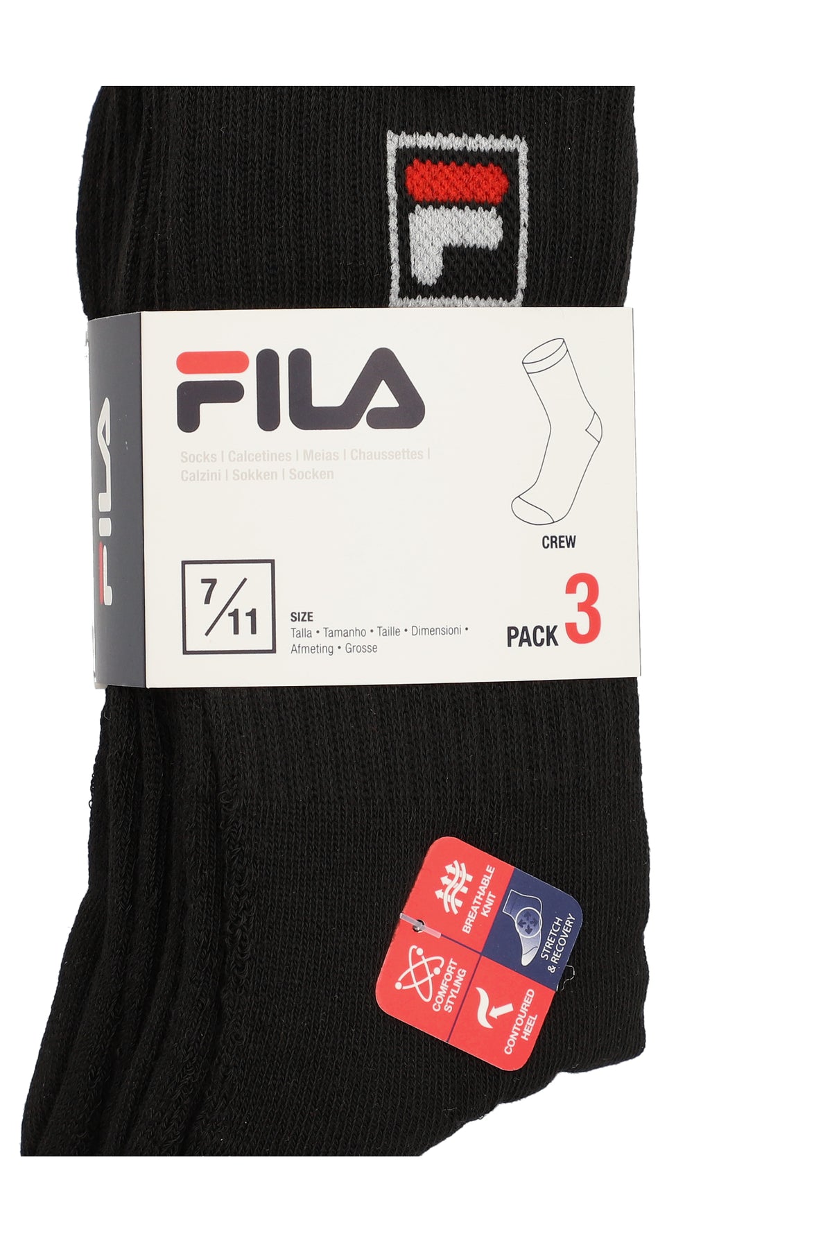 A pack of three black crew socks with the FILA logo