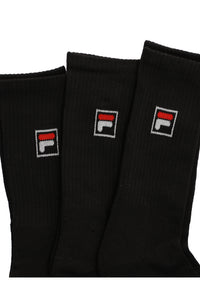 A pack of three black crew socks with the FILA logo