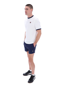 Displays a model wearing the White 'Fila' branded Marconi Essential Ringer T-Shirt