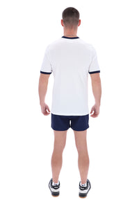 Displays a model wearing the White 'Fila' branded Marconi Essential Ringer T-Shirt