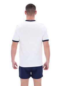 Displays a model wearing the White 'Fila' branded Marconi Essential Ringer T-Shirt