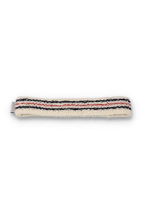 A beige retro headband with a red and blue stripe pattern and the FILA logo embroidered on it.