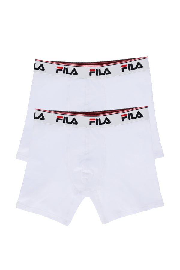 Two white mid-rise men's boxers with the FILA logo on the waistband